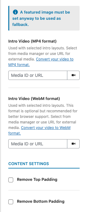 Page/Post Layout Settings